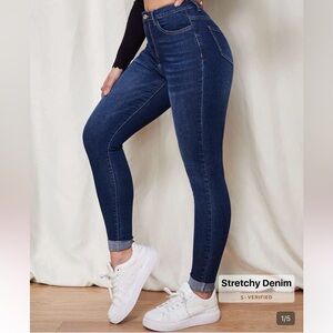 SHEIN Trends, Dark Blue Stretchy Denim, Slim Fit Jeans
